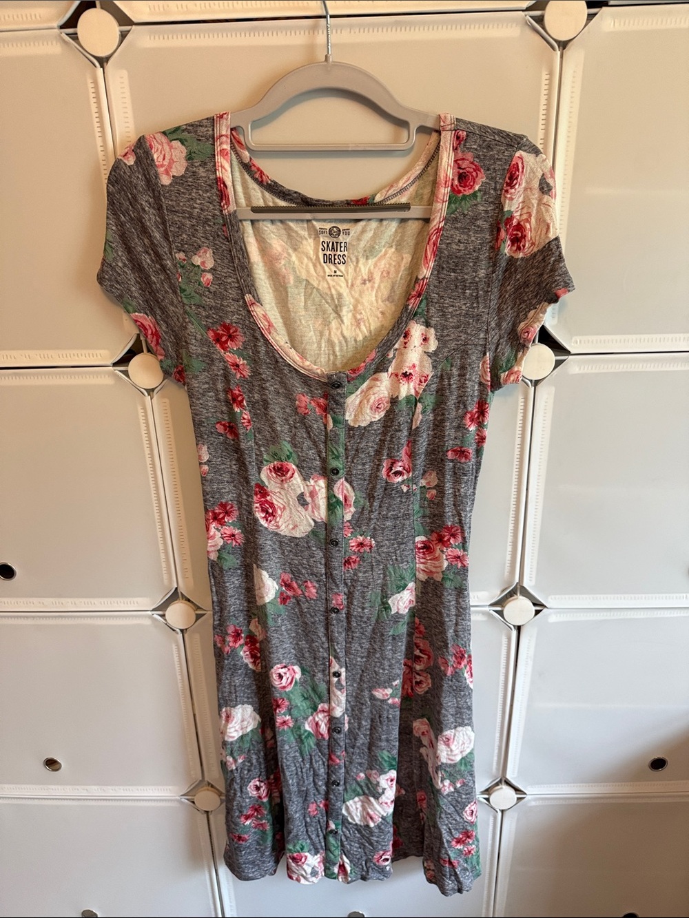Skater Dress Floral- Gray with Pink Roses